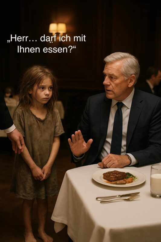 „Herr… darf ich mit Ihnen essen?“ fragte das junge obdachlose Mädchen schüchtern den Millionär – eine Bitte, die bald das ganze Restaurant erschüttern sollte