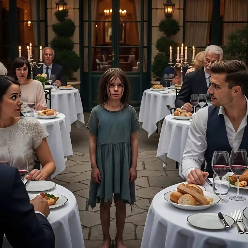 „Herr… darf ich mit Ihnen essen?“ fragte das junge obdachlose Mädchen schüchtern den Millionär – eine Bitte, die bald das ganze Restaurant erschüttern sollte