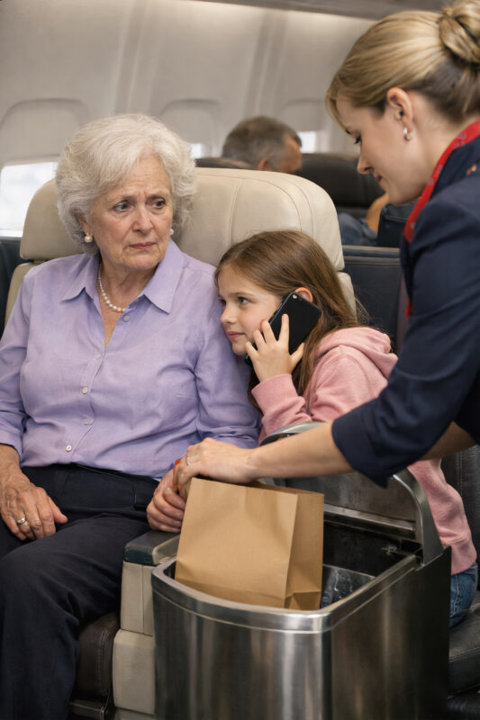 Die Flugbegleiterin riss mir meine Kühltasche aus den Händen — ich bin dreiundsiebzig Jahre alt — und warf mein Essen im Erste-Klasse-Bereich vor den stummen Augen meiner Enkelin in den Müll. In diesem Moment dachte ich,