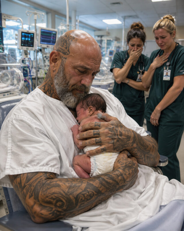 The entire neonatal unit fell silent when the tattooed biker asked to hold the baby whom no one had come to visit for days. A few hours later, a nurse noticed his wrist…